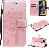 Voor Google Pixel 4a 4G Boom & Kat Reliëfpatroon Horizontale Flip Leren Case met Houder & Kaartsleuven & Portemonnee & Lanyard (Rose Goud)