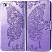 Voor iPhone SE 2020 Butterfly Love Flower Reliëf Horizontale Flip Leren Case met Beugel / Kaartsleuf / Portemonnee / Lanyard (Lichtpaars)