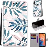 Voor Huawei Y7 (2019) / Enjoy 9 Gekleurde Tekening Cross Textuur Horizontale Flip PU Lederen Case met Houder & Kaartsleuven & Portemonnee & Lanyard (Roze Groen Blad)