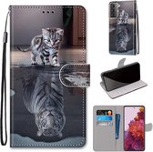 Voor Samsung Galaxy S21 5G Gekleurde Tekening Cross Textuur Horizontale Flip PU Lederen Case met Houder & Kaartsleuven & Portemonnee & Lanyard (Kat Wordt Tijger)