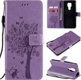 Voor Motorola Moto G9 Play Tree & Cat Pattern Pressed Printing Horizontale Flip PU lederen tas met houder & kaartsleuven & portemonnee & lanyard (lichtpaars)