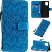 Voor Galaxy A91 / M80S / S10 Lite Geperst afdrukken Zonnebloempatroon Horizontale flip PU lederen tas met houder & kaartsleuven & portemonnee & lanyard (blauw)