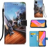 Voor Xiaomi Redmi 9C Gekleurde Tekening Patroon Plain Weave Horizontale Flip Leren Case met Houder & Kaartsleuf & Portemonnee & Lanyard (Spiegel Kat)