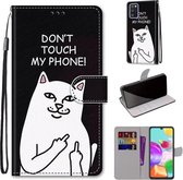 Voor Samsung Galaxy A41 Gekleurde Tekening Cross Textuur Horizontale Flip PU Lederen Case met Houder & Kaartsleuven & Portemonnee & Lanyard (Middelvinger Witte Kat)