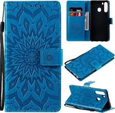 Voor Samsung Galaxy A21 (Amerikaanse versie) Geperst afdrukken Zonnebloempatroon Horizontale flip PU lederen tas met houder & kaartsleuven & portemonnee & lanyard (blauw)