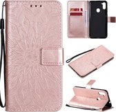 Voor Samsung Galaxy A11 (Amerikaanse versie) Geperst afdrukken Zonnebloempatroon Horizontale flip PU lederen tas met houder & kaartsleuven & portemonnee & lanyard (roségoud)