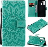 Voor Samsung Galaxy A21 (Amerikaanse versie) Geperst afdrukken Zonnebloempatroon Horizontale flip PU lederen tas met houder & kaartsleuven & portemonnee & lanyard (groen)