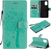Voor OnePlus 8T Tree & Cat Pattern Pressed Printing Horizontale Flip PU lederen hoes met houder & kaartsleuven & portemonnee & lanyard (groen)