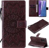 Voor Samsung Galaxy Note20 Reliëf Zonnebloem Patroon Horizontale Flip PU Lederen Case met Houder & Kaartsleuven & Portemonnee & Lanyard (Bruin)
