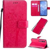 Voor Xiaomi Mi 10 5G / Mi 10 Pro 5G Tree & Cat Pattern Pressed Printing Horizontale Flip PU lederen tas met houder & kaartsleuven & portemonnee & Lanyard (Rose Red)