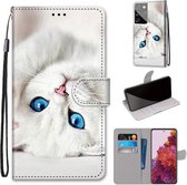 Voor Samsung Galaxy S21 Ultra 5G Gekleurde Tekening Cross Textuur Horizontale Flip PU Lederen Case met Houder & Kaartsleuven & Portemonnee & Lanyard (Wit Kitten)