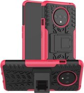 Voor OnePlus 7T Tyre Texture Shockproof TPU + PC beschermhoes met houder (roze)