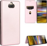 Voor Sony Xperia 10 Carbon Fiber Texture Magnetische Horizontale Flip TPU + PC + PU Leather Case met Card Slot (Pink)
