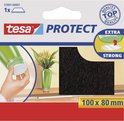 Verpakking van tesa PROTECT viltpads 100x80mm, met afbeeldingen van gebruik en het product.
