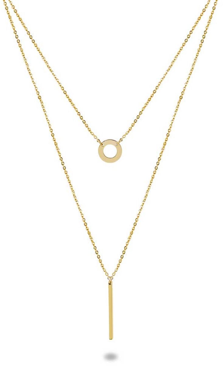 Twice As Nice Halsketting in goudkleurig edelstaal, cirkel en staafje op dubbele ketting 39cm+5cm