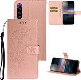 Voor Sony Xperia XZ5 Plum Blossom Pattern Links en Rechts Flip Leren Case met Beugel & Kaartsleuf & Portemonnee & Lanyard (Rose Gold)