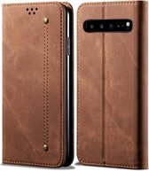 Voor Galaxy S10 5G denim textuur casual stijl horizontale flip lederen tas met houder en kaartsleuven en portemonnee (bruin)