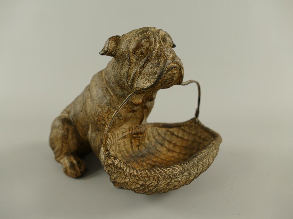 Polyresin schaaltje - Hond met mandje - Houtkleurig - 14 cm hoog