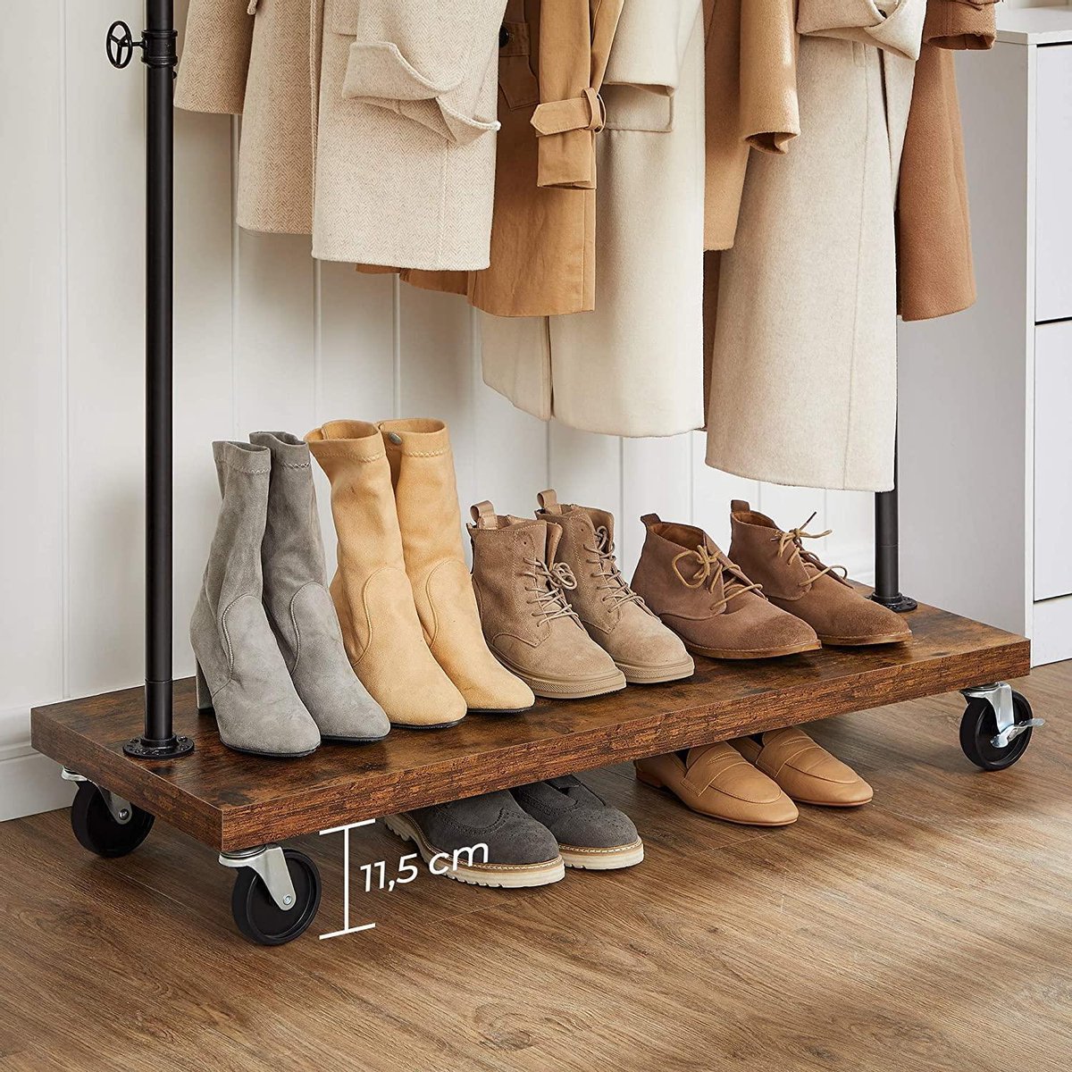 HOKEEPER Heavy Duty kledingrek op wielen, dubbele kledingstang, belastbaar tot 283 kg, industrieel ontwerp, kapstok met plank en wasmand, uitschuifbare lengte en hoogte