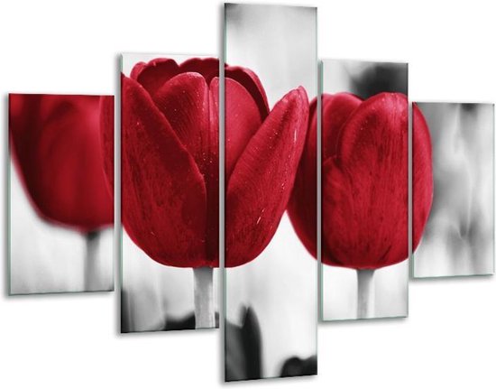 Glasschilderij -  Tulpen - Rood, Wit, Grijs - 100x70cm 5Luik - Geen Acrylglas Schilderij - GroepArt 6000+ Glasschilderijen Collectie - Wanddecoratie- Foto Op Glas