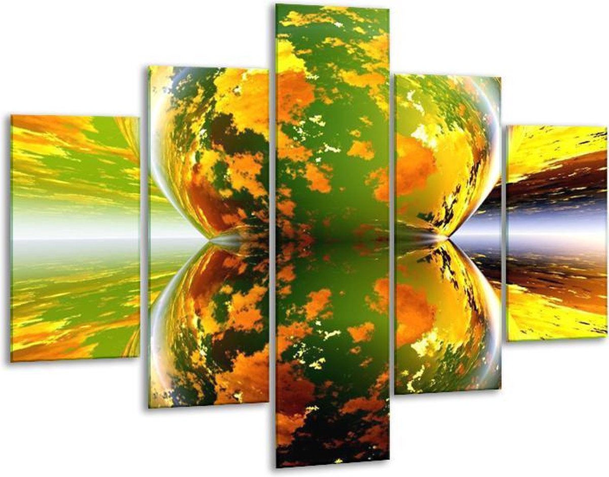 Glasschilderij - Spiegel - Groen, Geel, Oranje - 100x70cm 5Luik - Geen Acrylglas Schilderi