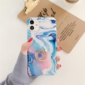 Voor iPhone 12 mini Ocean Wave Coral IMD TPU Smooth Marble mobiele telefoon beschermhoes met ring metalen strass houder (blauw SZ3)