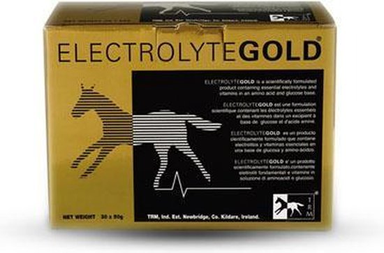 Gouden doos met 'ELECTROLYTEGOLD' en een zwart silhouet van een paard.