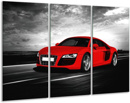 Glasschilderij Audi, Auto - Zwart, Grijs, Rood - 120x80cm 3Luik - Foto Op Glas - Geen Acrylglas Schilderij - GroepArt 6000+ Glas Art Collectie - Maatwerk Mogelijk