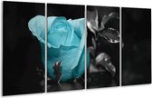 GroepArt - Glasschilderij - Roos - Blauw, Grijs, Zwart - 160x80cm 4Luik - Foto Op Glas - Geen Acrylglas Schilderij - 6000+ Glasschilderijen Collectie - Wanddecoratie