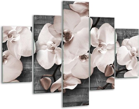 Glasschilderij -  Orchidee, Bloemen - Grijs - 100x70cm 5Luik - Geen Acrylglas Schilderij - GroepArt 6000+ Glasschilderijen Collectie - Wanddecoratie- Foto Op Glas