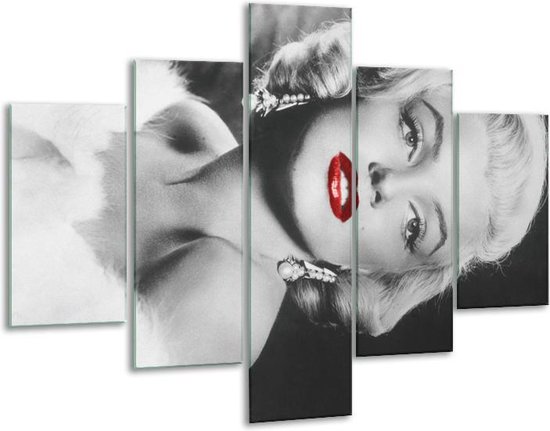 Glasschilderij -  Marilyn Monroe - Zwart, Wit, Rood - 100x70cm 5Luik - Geen Acrylglas Schilderij - GroepArt 6000+ Glasschilderijen Collectie - Wanddecoratie- Foto Op Glas