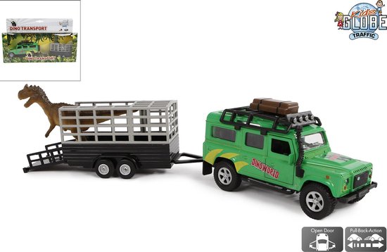 Kids Globe Die-cast Land Rover met Dino-trailer, 29cm