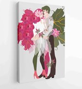Beautiful girlfriend with hair in form of crimson roses and boyfriend with wings in shape of green leaves of a guelder-rose hugging each other. Young happy couple in love. - Modern