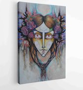 Witch. Flowered girl with crazy eyes. Illustration. Painting. Moderne schilderijen - Vertical - 505798771 - 40-30 Vertical