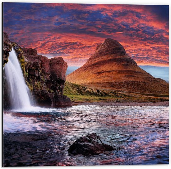 Dibond - Waterfalls of Iceland - 50x50cm Foto op Aluminium (Met Ophangsysteem)