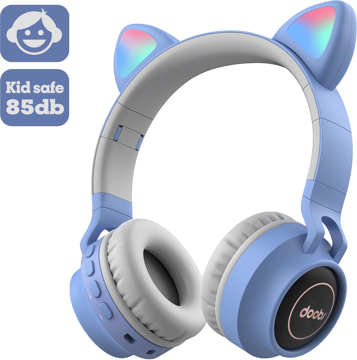 Kinder hoofdtelefoon DOBI by doobs - Draadloze koptelefoon Bluetooth met led kattenoortjes licht blauw - KIDS - VOLUME BEGRENZING - 85DB