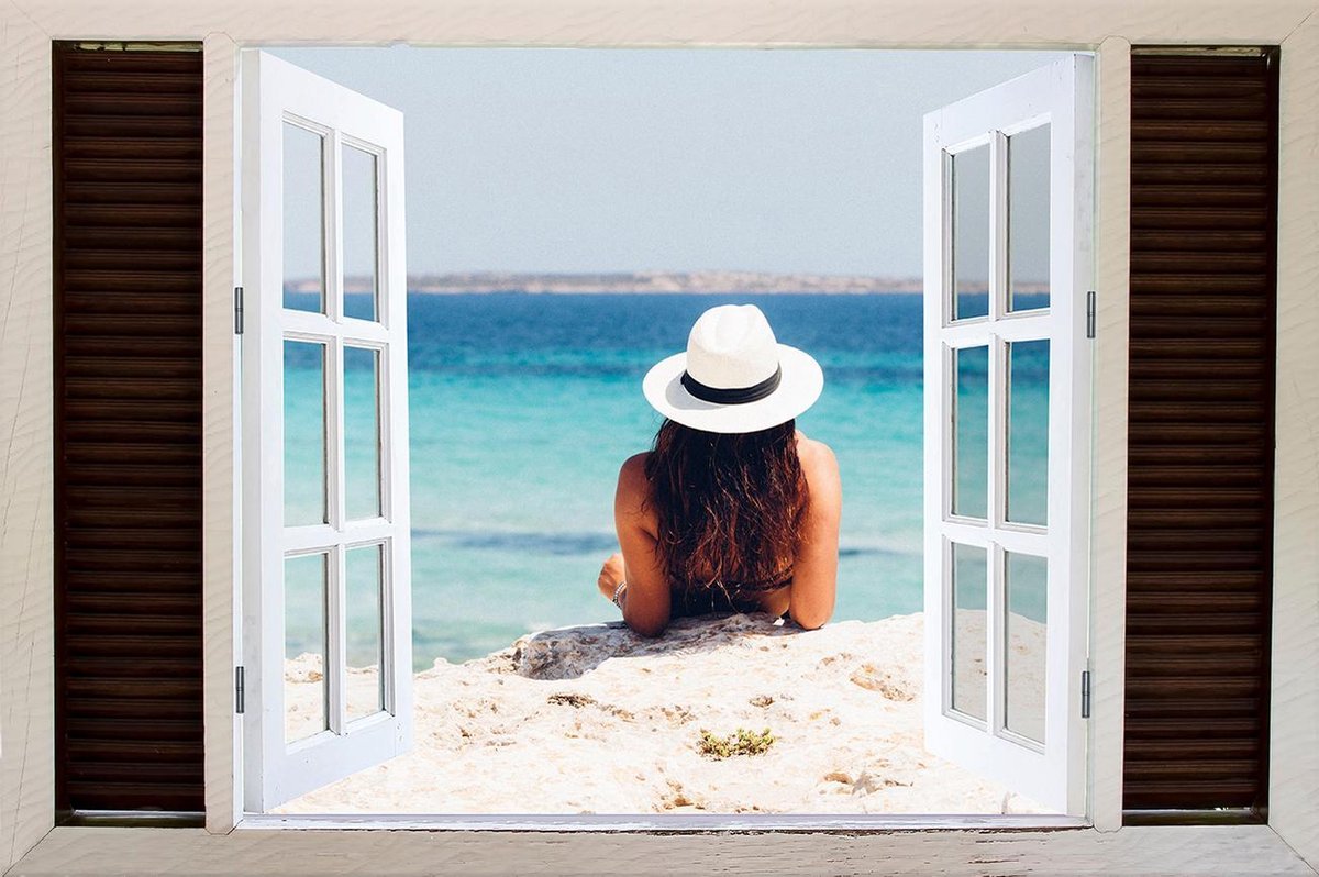 Tuindoek doorkijk openslaand venster naar een Tropisch / Eiland / Strand - 150x100cm - tuinposter - tuinposter doorkijkje – Doorkijk tuinposter - tuinposter doorkijk XL – Tuinposter Voor Buiten
