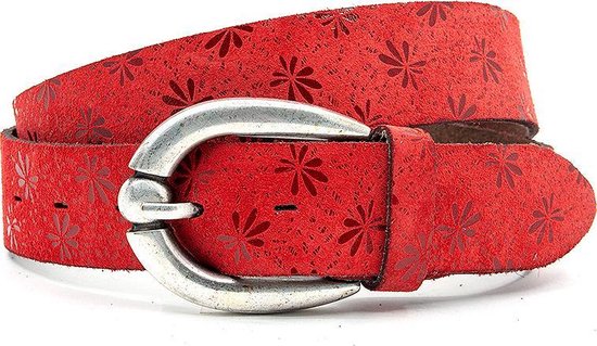 Thimbly Belts Jeansriem rood met bloemenprint - heren en dames riem - 4 cm breed - Rood - Echt Leer - Taille: 85cm - Totale lengte riem: 100cm