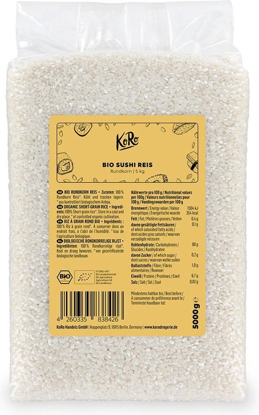 Vooraanzicht van een zak Koro Bio Sushi Rijst, met gedetailleerde informatie op het etiket.