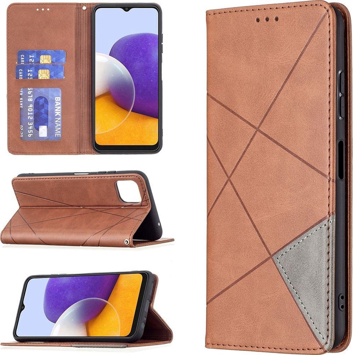 Mobigear Telefoonhoesje geschikt voor Samsung Galaxy A22 5G Hoesje | Mobigear Rhombus Slim Bookcase | Pasjeshouder voor 2 Pasjes | Telefoonhoesje voor Pinpas / OV Kaart / Rijbewijs - Bruin