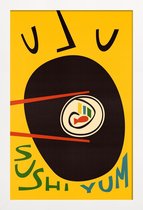 JUNIQE - Poster met houten lijst Yum Sushi -13x18 /Geel & Zwart