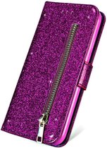 Bookcase Geschikt voor: Oppo A15 Glitter met rits - hoesje - portemonnee hoesje - Paars