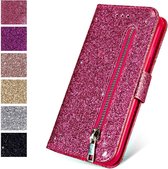 Bookcase Geschikt voor: Oppo A73 Glitter met rits - hoesje - portemonnee hoesje - Roze