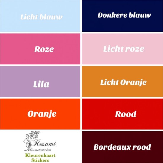 Kleurenkaart met licht blauw, donker blauw, roze, licht roze, lila, licht oranje, oranje, rood en bordeaux rood.