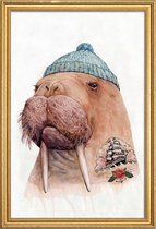 JUNIQE - Poster met houten lijst Tatooed Walrus -20x30 /Blauw & Bruin