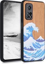 kwmobile telefoonhoesje compatibel met Xiaomi Mi 10T / Mi 10T Pro - Hoesje met bumper in blauw / wit / bruin - kersenhout - Golven op Hout design