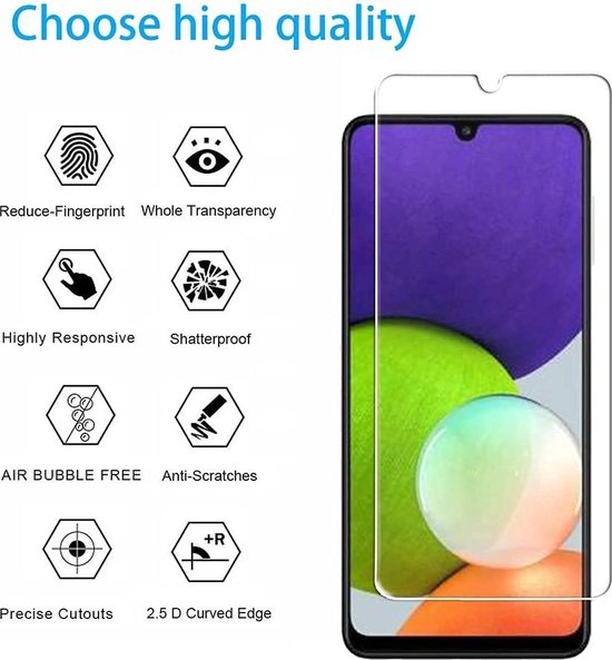 Schermprotector van gehard glas op een telefoon. Iconen tonen: vingerafdruk, transparantie, responsiviteit, shatterproof, geen luchtbellen, anti-kras, precieze uitsparingen, 2.5D gebogen rand.