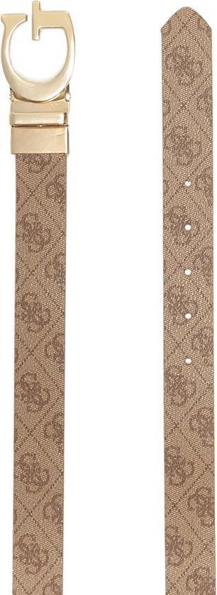 Bruine Guess riem met logoprint, oranje binnenzijde en gouden G-gesp.