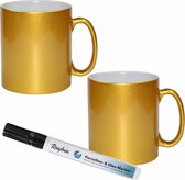 2x stuks gouden drink mokken van keramiek met een zwarte porseleijn marker stift - Maak uw eigen mokken