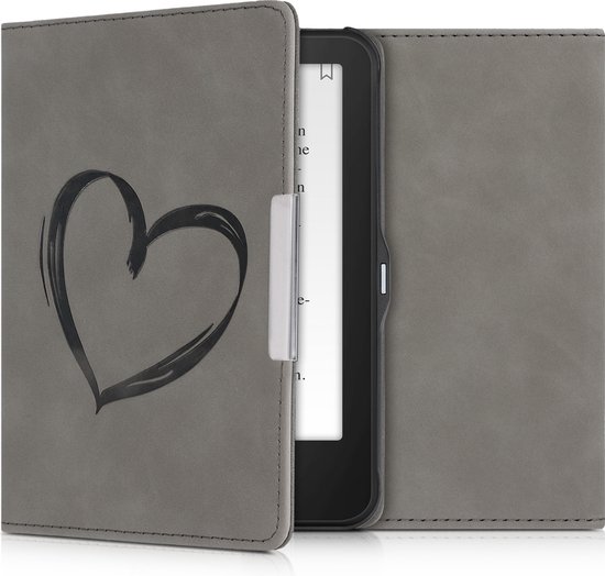 Housse kwmobile pour Tolino Vision 1 / 2 / 3 / 4 HD - housse simili cuir pour liseuse - Brushed Hart design - gris